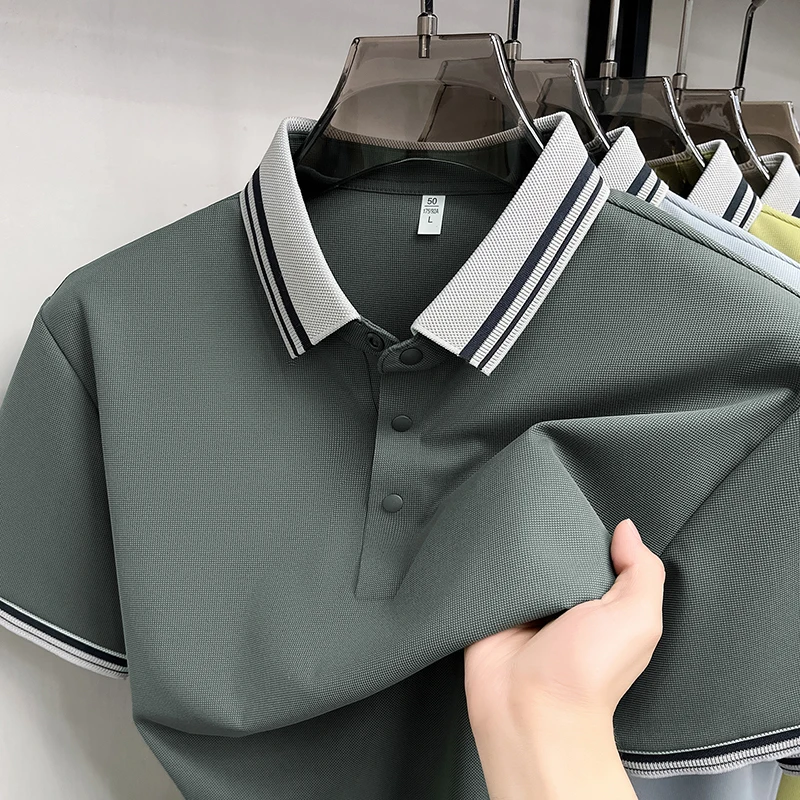 High quality ice silk short sleeve polo shirt men's new fashion unique striped lapel summer breathable business casual T-shirt