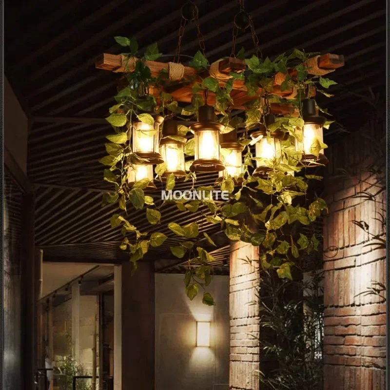 Plant chandelier, barbecue music restaurant, bar, solid wood pendant lights industrial  retro countryside creative chandelier