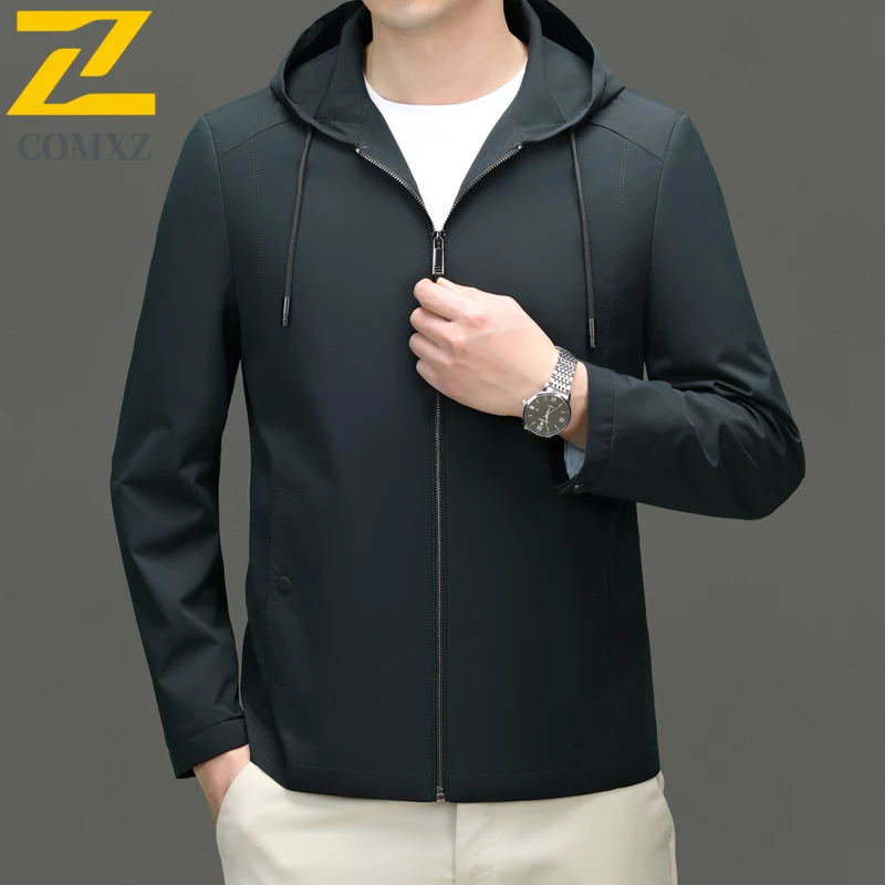 

COMXZ Men Autumn Jacket 2025 Stylish Hooded Light Luxury Solid Color Commuting Coat Business Travel Golf Outerwear Windbreaker