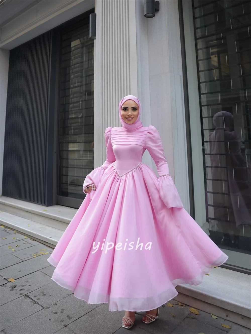 Customized High Quality Fashion Rhinestone Pleat  A-line High Collar Ankle Length Dresses Bespoke Occasion Dresses Modern Style