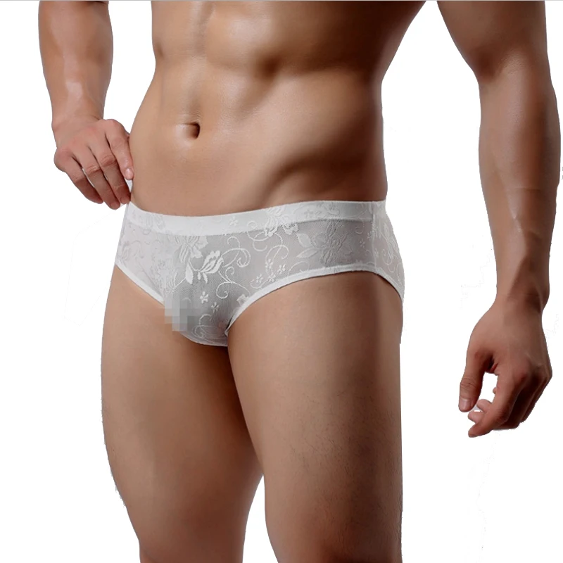 Mens Mesh Briefs Sexy See-through Lace Penis Pouch Man Panties Gay Underwear Low Waist Sissy Bikini Jockstrap Hombre Calzoncillo