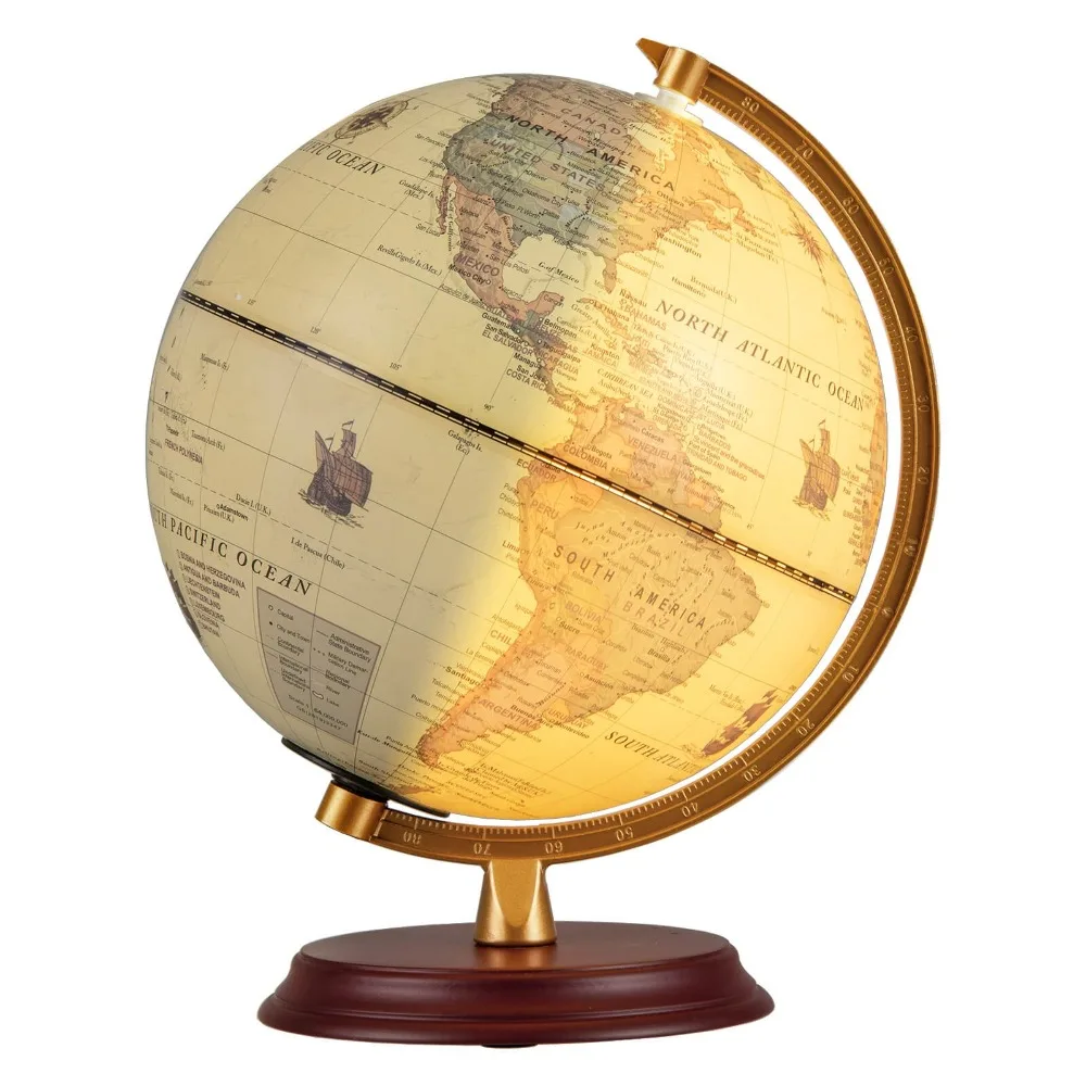 

8 Inch Illuminated World Globe Antique Night up Globe Lamp Wooden Stand HD Map