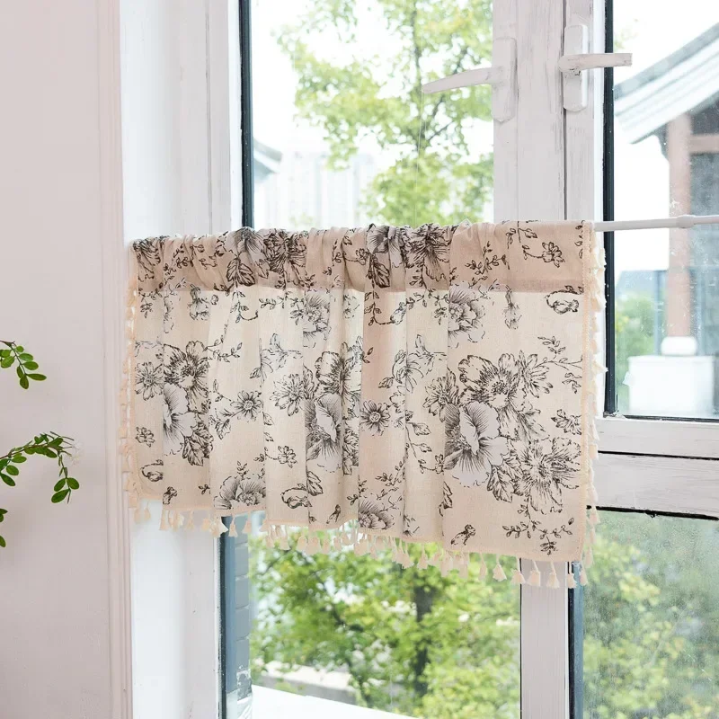 

American European Vintage peony floral curtains For living room bedroom window linen curtain short Cabinet Curtain for Kitchen