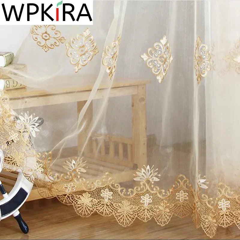 Luxury European Water Soluble Embroidery Sheer Curtain for Living room Tulle Bottom Gold Lacework Window Screen Custom WP160H