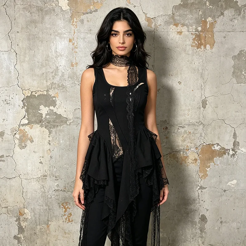 ZAMOR HIGH STREET Women's 2026 New Gothic Dark Style Vest Sleeveless U-Neck Lace Spliced Irregular Ruffle Hem Top
