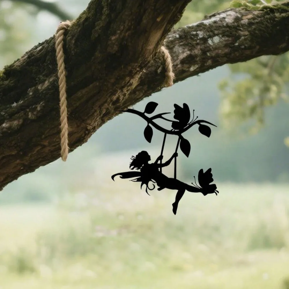 【Decoración de elfo gótico】Art de pared de metal negro - Estatua de silueta de acero de elfo oscilante en la rama, adorno de Halloween al aire libre para jardín, patio