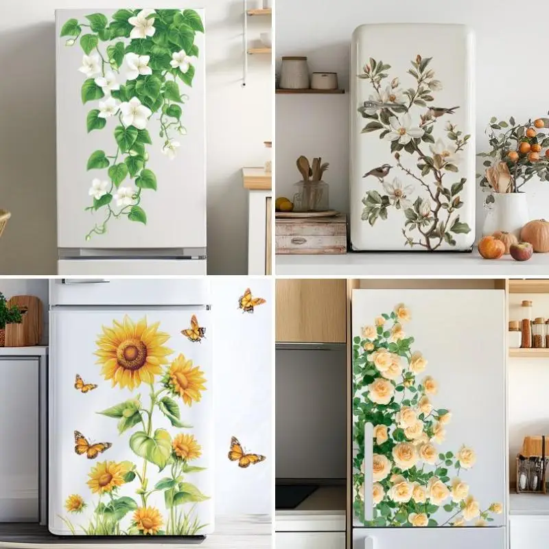Elegant Magnolia Refrigerator Sticker Self-Adhesive Removable Waterproof Wall Decal Kitchen Appliances Stickers Home Decor