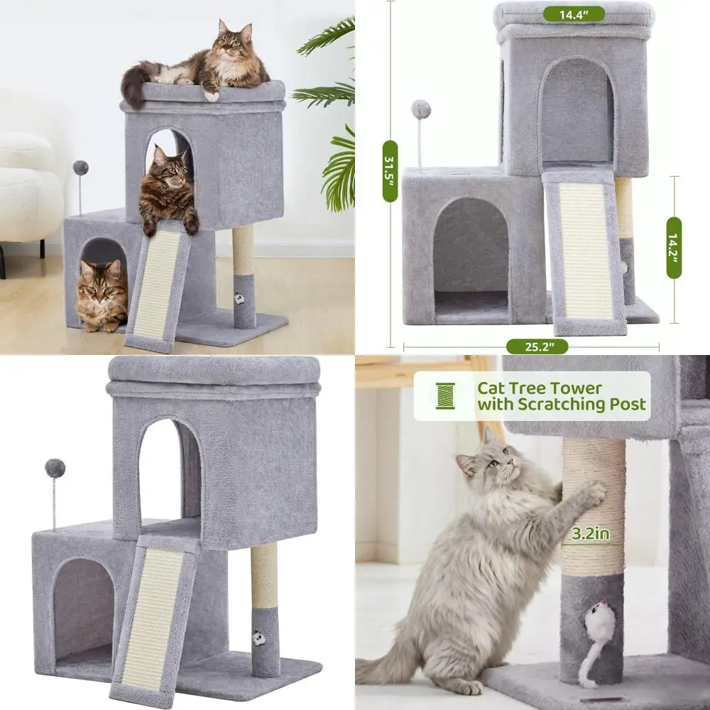 

32 Высокое кошачье дерево с 2 кондосами, когтеточками и доской для взрослых кошек светло-серого цвета