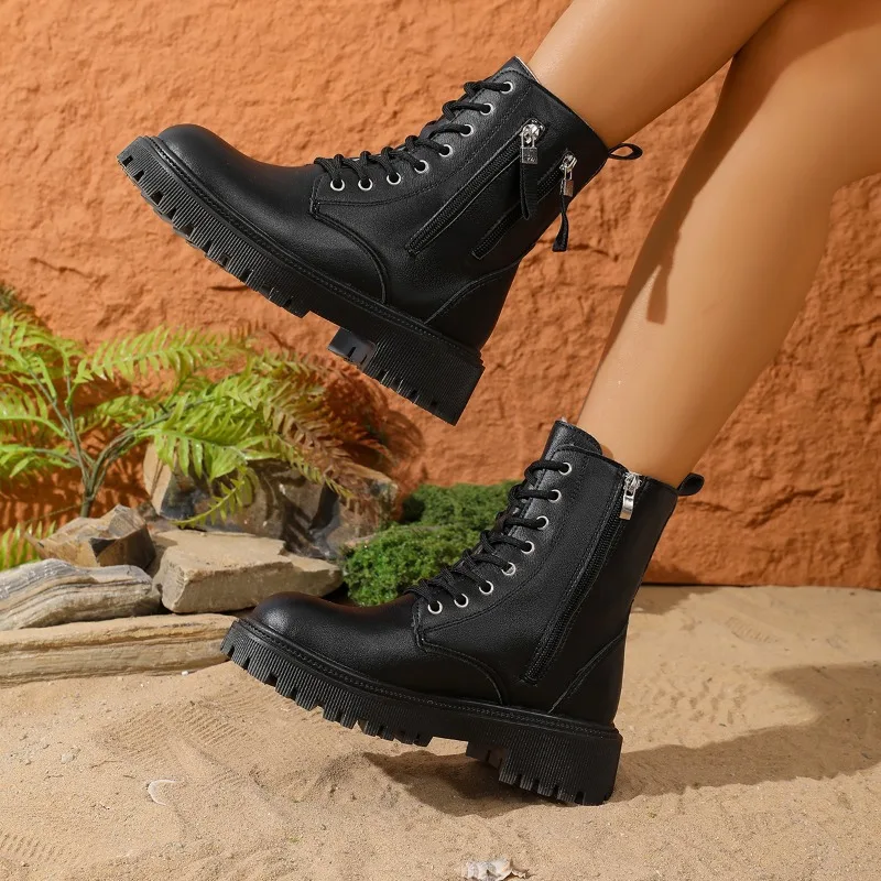 Booties Autumn and Winter New Trifle Bottom Lace-up Short Tube European and American Plus Size Women's Boots