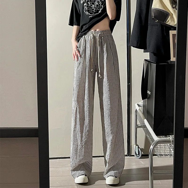 

Полосатые широкие брюки, женские летние брюки, новинка 2025, ленивые прямые брюки с высокой талией, утягивающие повседневные брюки для прогулок