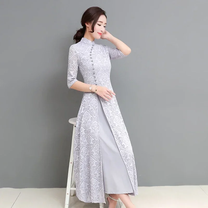 

Modern cheongsam Plus size improved cheongsam dress new summer middle-aged mother retro Chinese style lace long cheongsam skirt