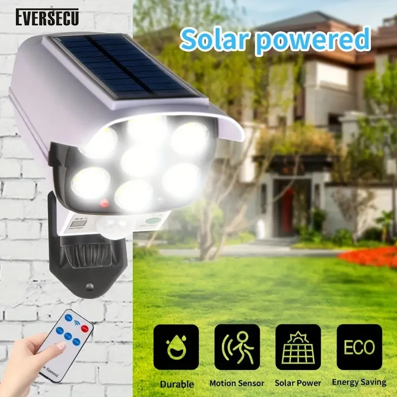 Outdoor motion sensor solar light 77LED flood light waterproof cordless dummy bait fake security camera porch garden courtyard