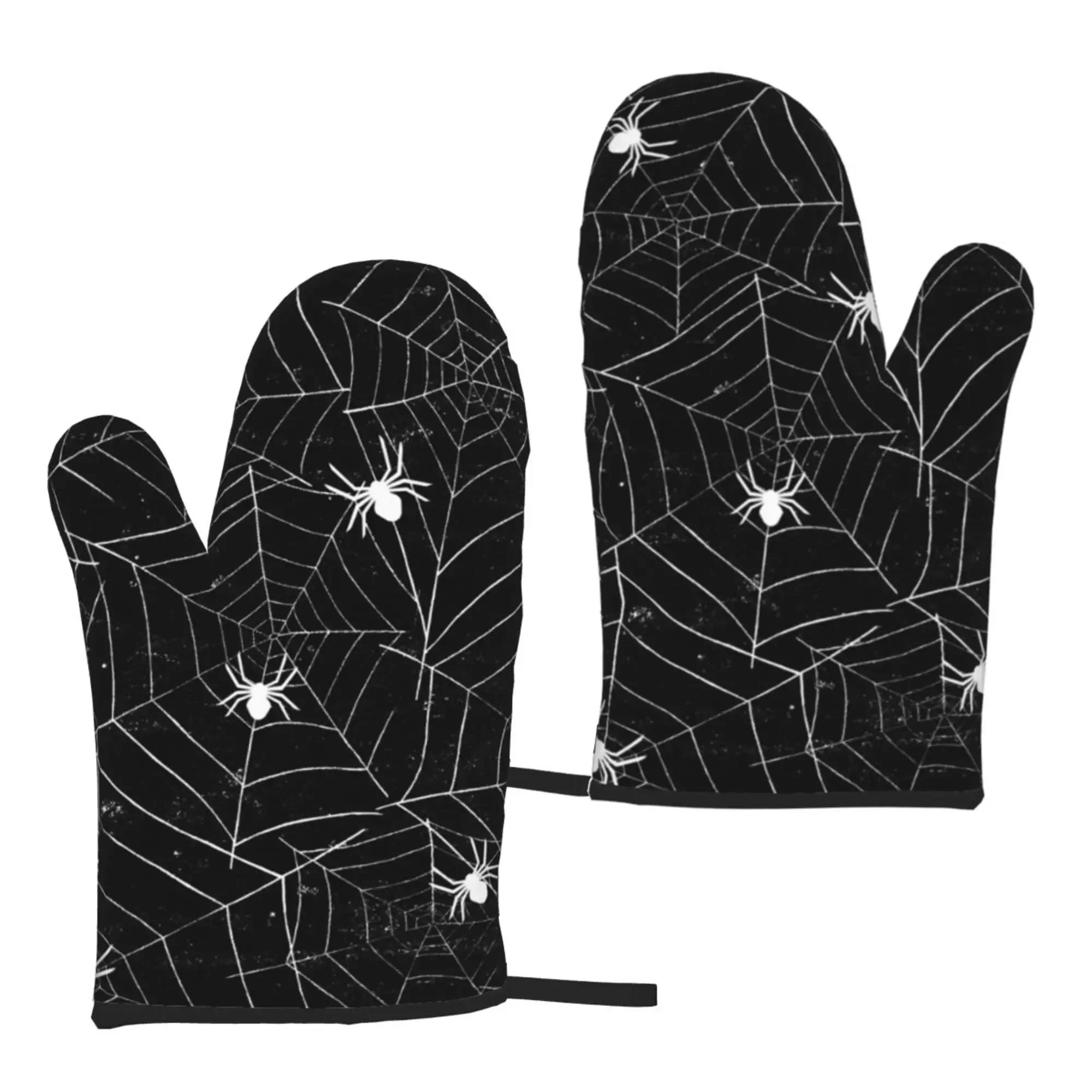 Cobweb Oven Gloves 2pcs Halloween Oven Mitts Microwave Gloves Baking Oven Gloves Heat Resistant for Kitchen Bbq Cooking