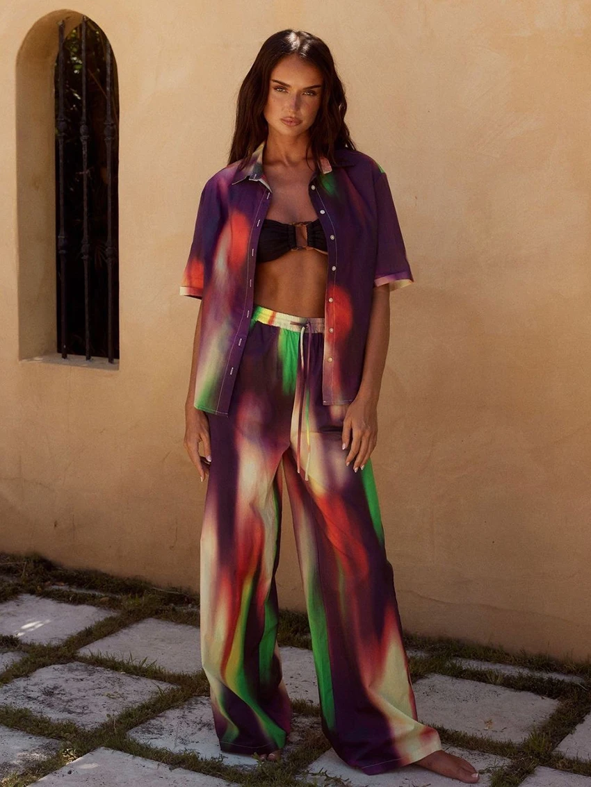 Marthaqiqi Printing Female Nightgowns Suit Turn-Down Collar Sleepwear Half Sleeve Pyjama Pants Shorts Fashion Pajama 2 Piece Set