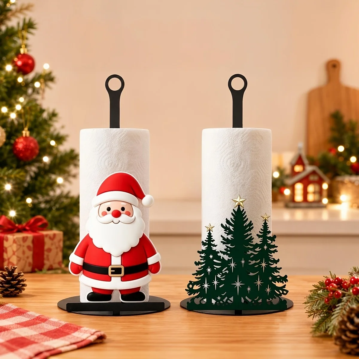 Christmas Kitchen Paper Towel Holder, Santa Claus Christmas Tree Vertical Countertop Tissue Organizer, Holiday Home Decor