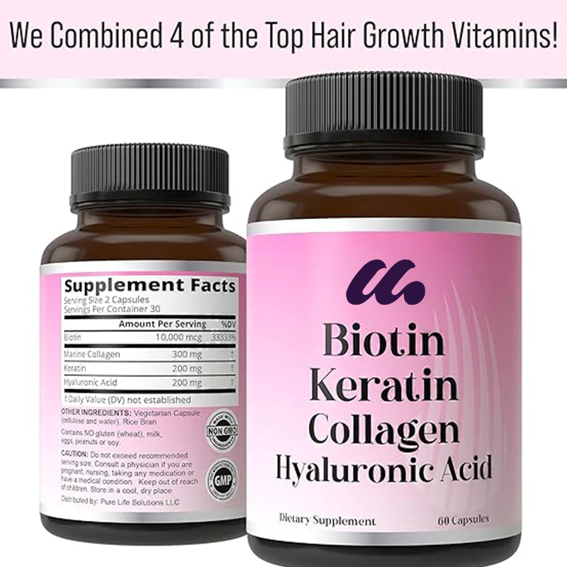 Biotin+Keratin+Marine Collagen+Hyaluronic Acid, Advanced 4-in-1 Hair Growth Vitamin Capsules -60 capsules