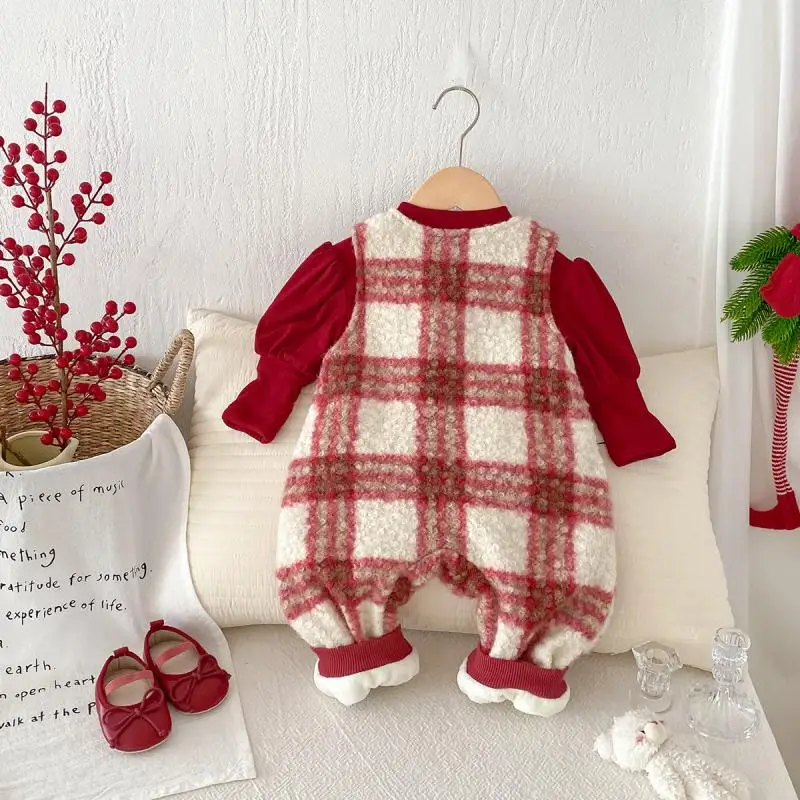 Newborn Plaid Red Jumpsuit Baby Girl Thick Warm Romper Toddler Girls New Year's Birthday Clothes Children Christmas Rompers