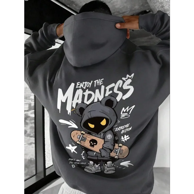 Men's Casual Fashion Street Extreme Sports Cartoon Print Kangaroo Pocket Drawstring Loose Hoodie Sweatshirt