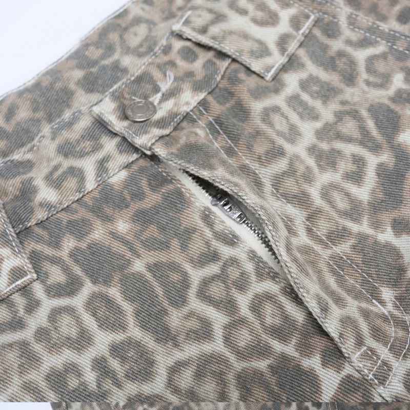 Americano retro vintage leopardo impressão faca curvada calças para homens e mulheres high-end solto silhueta até o chão unisex jeans