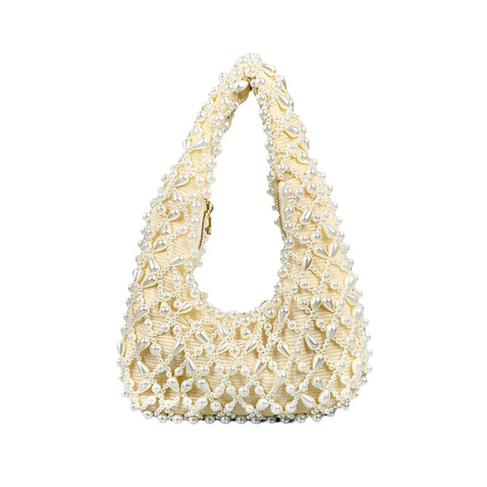 

2024 Trend New Simple Women's Pearl Water Diamond High Quality Texture Handmade Bead Weaving Portable Commuter Underarm Bag