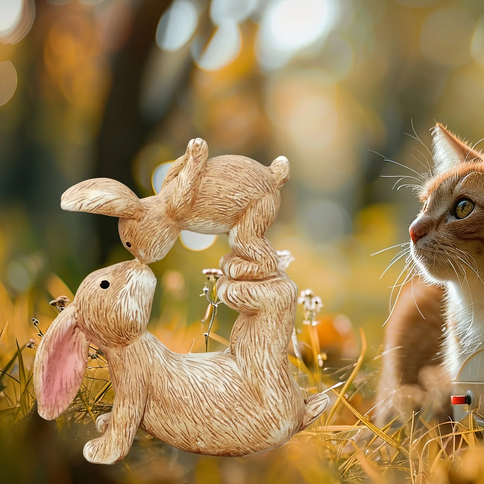 Garden Resin Kissing Bunny Statue Outdoor Garden Bonsai Store Decoration Animal Sculpture for Desk Garden Decor Ornament