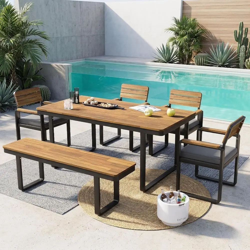 

6-Piece Acacia Wood Outdoor Dining Set with Table, 4 Chairs, Bench, Grey Cushions for Patio, Garden, Backyard
