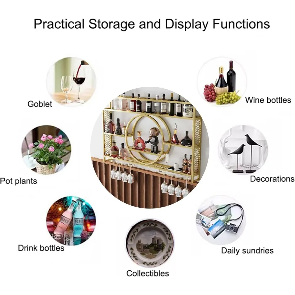 Wine rack de pared con soporte de vidrio integrado y estantes flotantes iluminados por LED para exhibición de botellas de licor