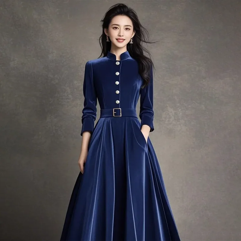 2025 Autumn Winter New Wear Formal Occasion Dresses Women's High-End Slim Thining Medium-Length Chic Blue Velvet Dress