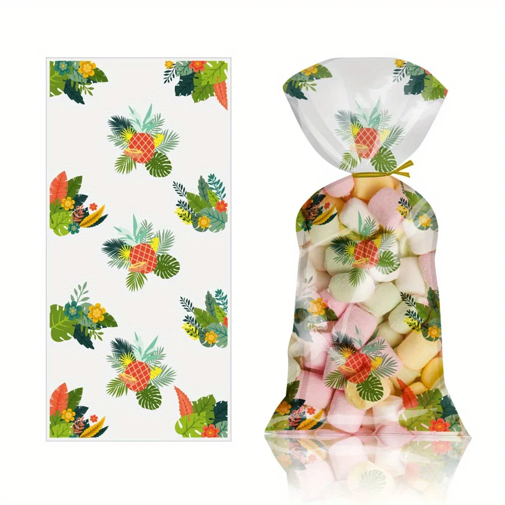 100 pcs Hawaiian  Cellophone Treat Bags,Summer Tropical Themed Candy Bags  Leaves Goodie Bags with 100 Twist Ties