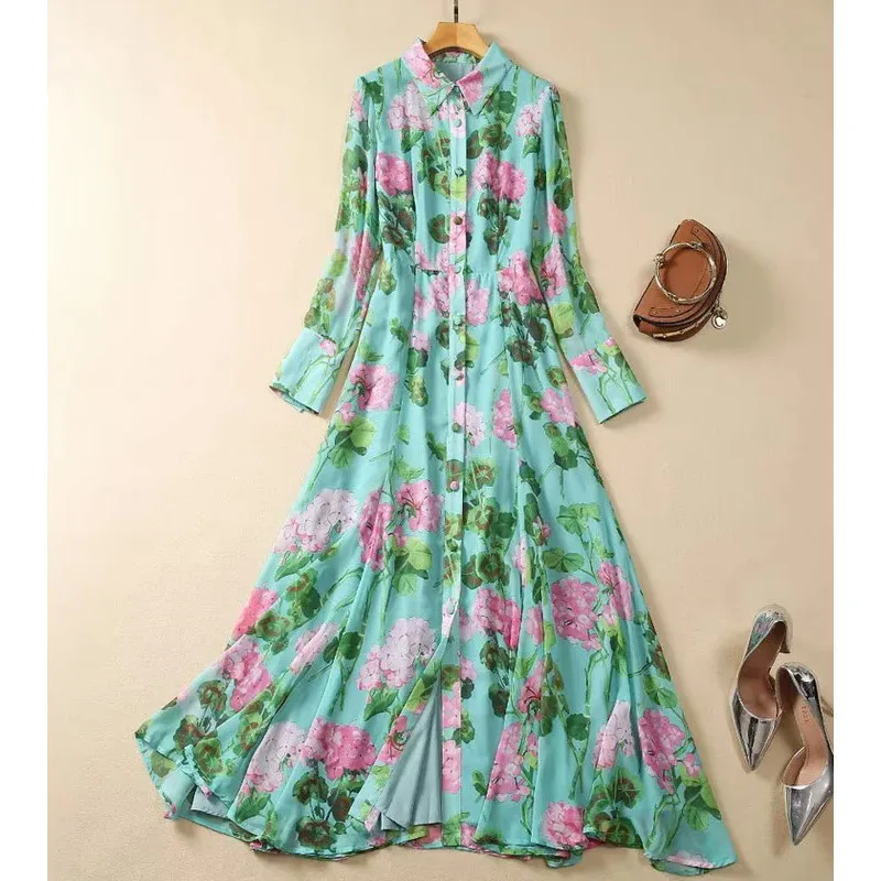 2024 Fashion Single Breasted Floral Elegant Party Green Dresses Lady Chic Long Sleeve Clothings Robes