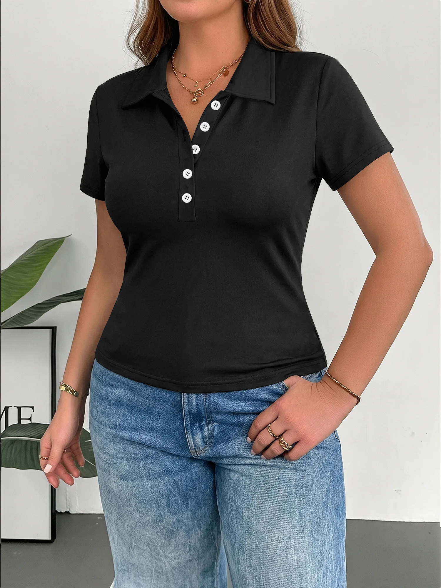 Ladies Summer Short Sleeve Lapel Polo Shirts Half Placket Buttons Slim Fit Solid Color Tees Casual Street Daily Wear Tops