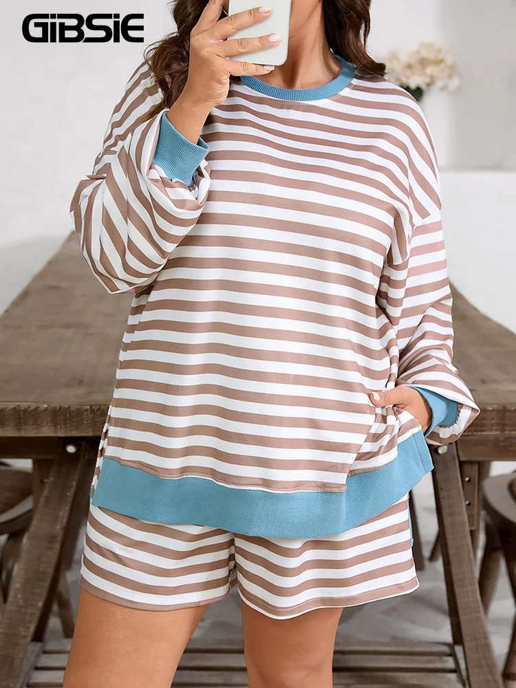 

GIBSIE Большие размеры, повседневные комплекты из 2 предметов для женщин, полосатые толстовки с круглым вырезом, топ и шорты на шнурке, женский наряд, новинка весны 2026 г.