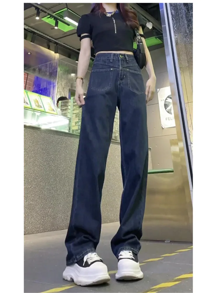 

Американские джинсы прямого кроя сине-серого цвета для женщин, с высокой талией, утягивающие, длинные, с эффектом потертости, глубокого цвета, в пол