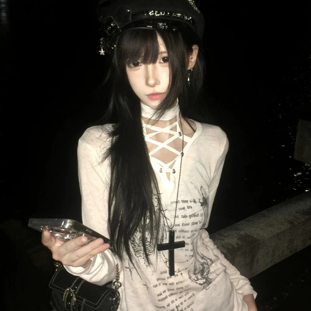 Chic Print Graphic T Shirts Woman Lace Up Youthful 2000S Clothes Y2K Long Sleeve Tees Female Clothing T-Shirt Spring To
