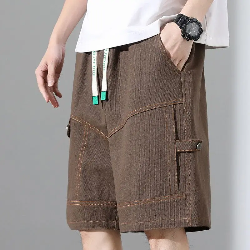 Fashion Loose Elastic Waist Spliced Pockets All-match Bandage Casual Shorts Men's 2024 Summer New Oversized Asymmetrical Shorts