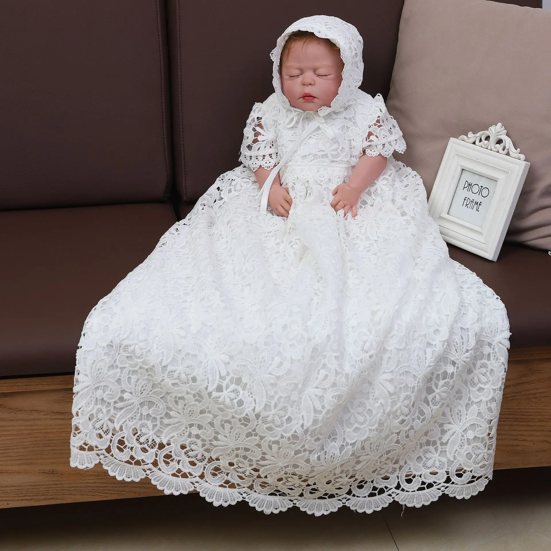 New Baby Girl Long Dresses White Lace Infant Girl Baptism Dress with Hat Kid  Clothing