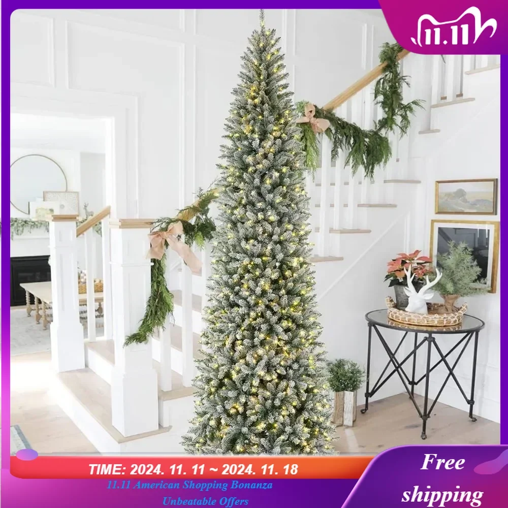 11ft Pre-Lit Flocked Pencil Fir Artificial Christmas Tree with 950 Warm White Lights for Holiday Decorations