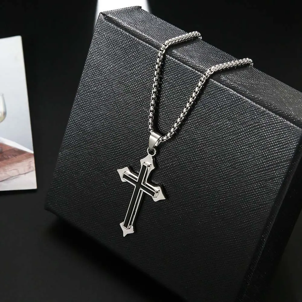 Gothic Fashion Street Style Silver Color Minimalism Black Clavicle Chains Cross Pendants Cross Necklaces Men Necklaces