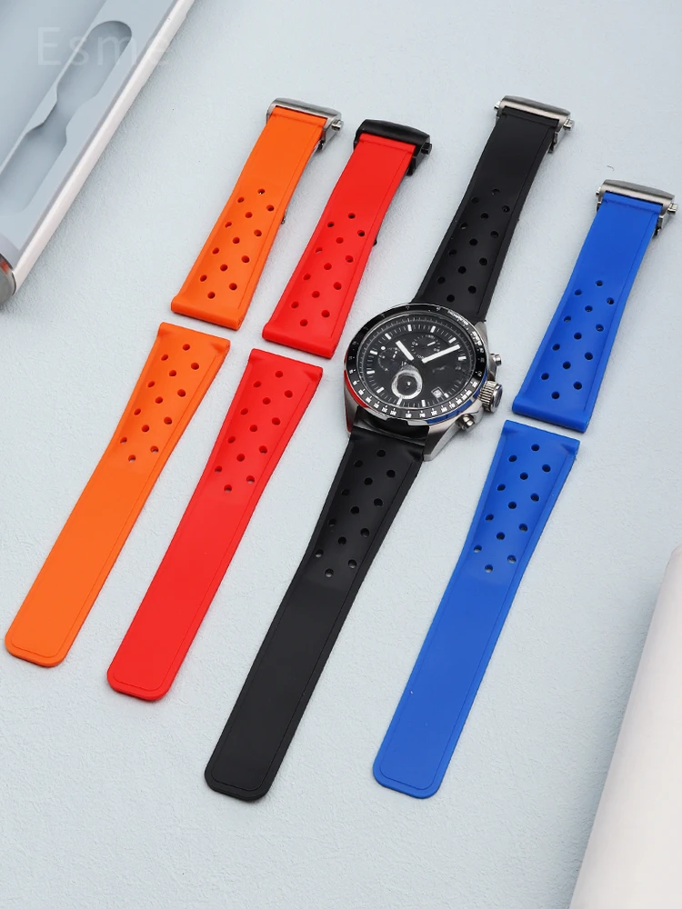 Tali jam silikon pria, 22mm lima warna pilihan bersirkulasi untuk Tag Heuer Aquaracer F1 tahan air gesper lipat