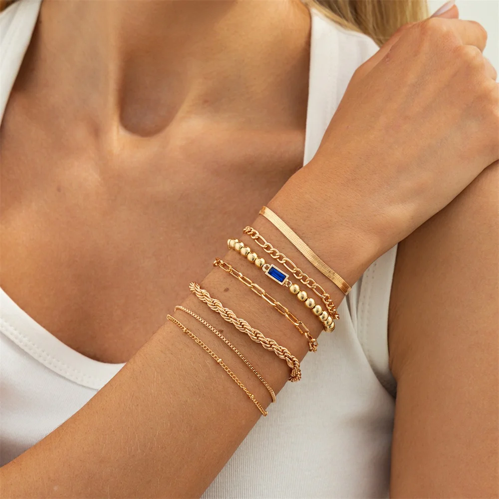7Pcs Elegant Zircon Charm Bracelet Sets for Women 2026 Vintage Minimalist Multi-Element Twist Chain Metal Bracelets Jewelry