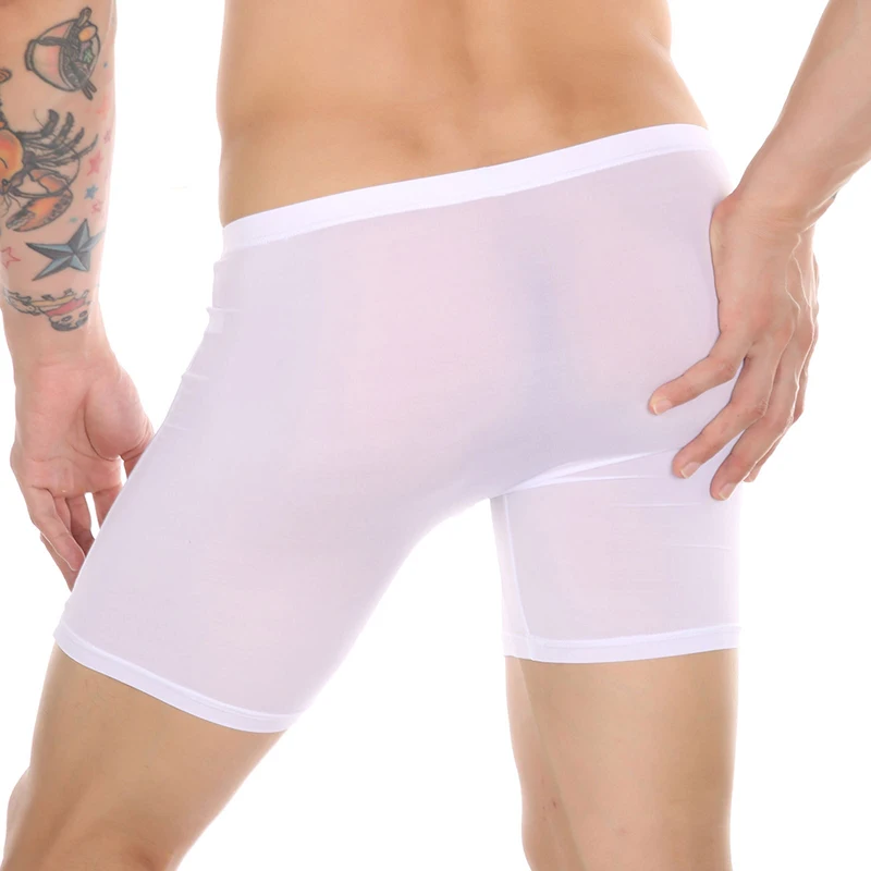 Мужские бесшовные цельные трусы-боксеры из ледяного шелка, прозрачное нижнее белье, длинные ноги, анти-натирающие сексуальные удобные прозрачные трусы