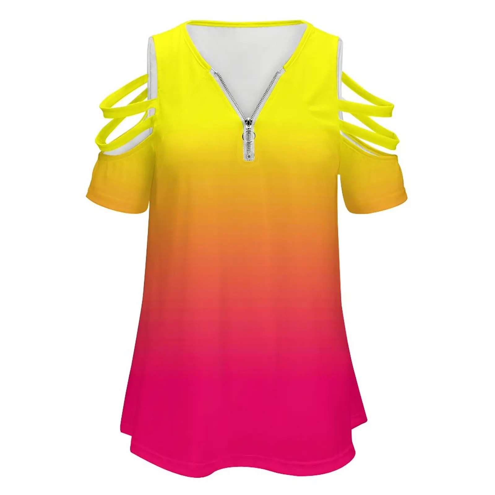 Neon Pink And Neon Yellow Ombré Shade Color Fade Women'S T-Shirt Summer Fashion Print Floral V-Neck Zipper Tshirt Hollow