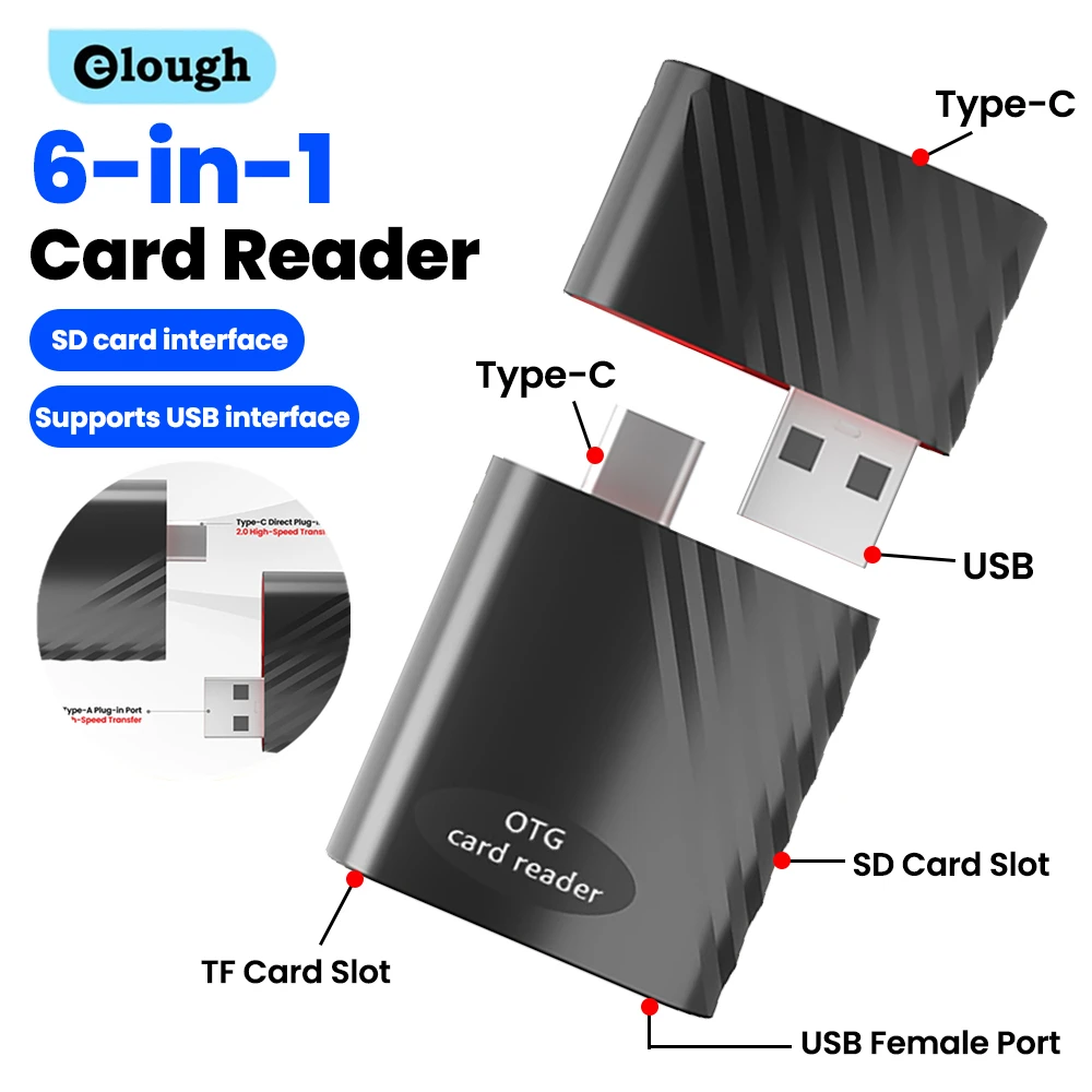 

Elough 6 In 1 USB 2.0 Card Reader Memory TF SD Card Reader USB Type C Adapter High Speed USB Flash Drive Cardreader For PC