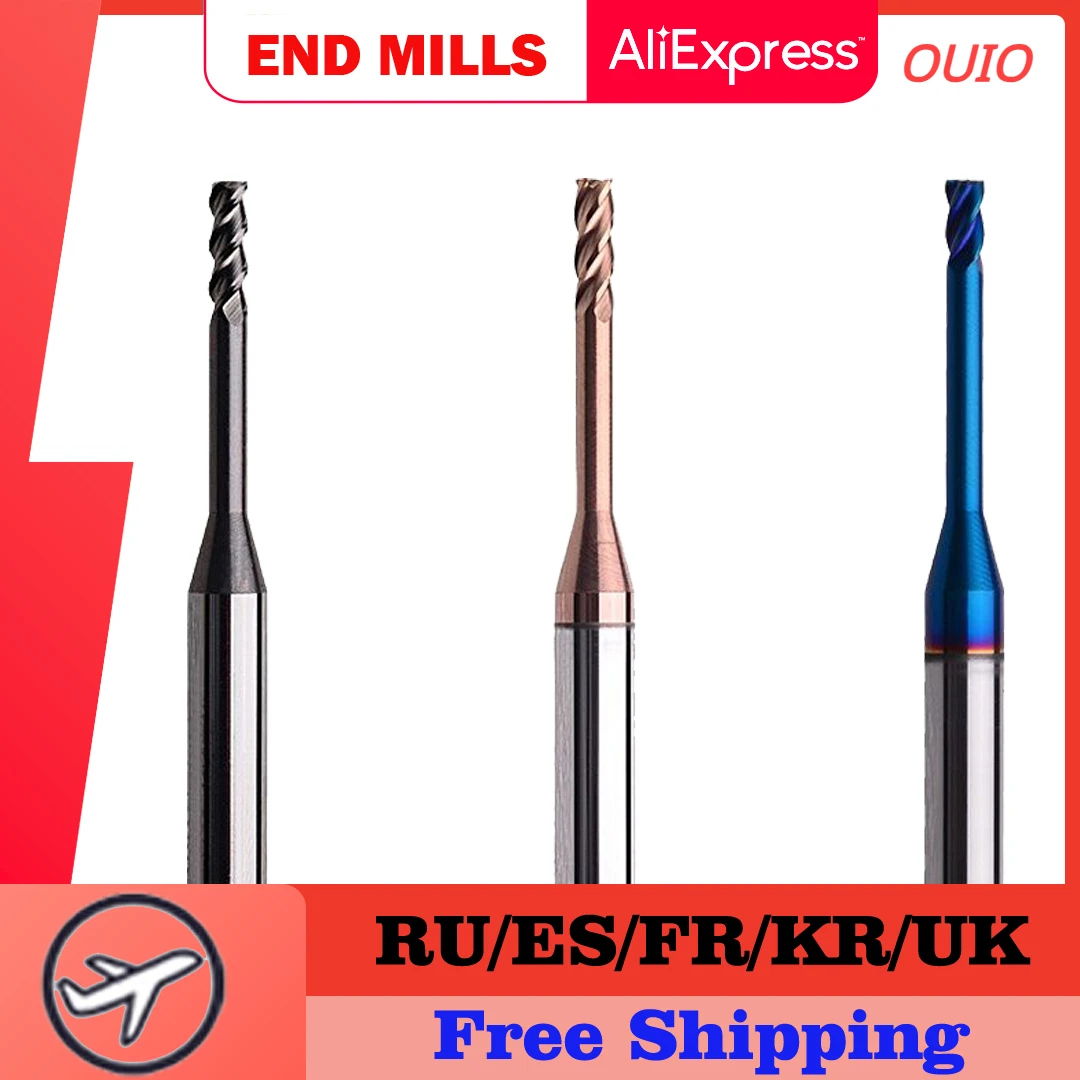 OUIO 1pc Hrc65 2/3/4 Flute Tungsten Carbide End Mill Milling Cutter Cnc Routerbits Long Flute Endmills 1mm 1.5mm 2mm 2.5mm 3.0mm