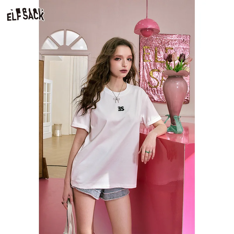 

ELFSACK Letter Printed Sun Protection Loose Short sleeved T-shirt Women's 24 Summer Versatile T-shirt