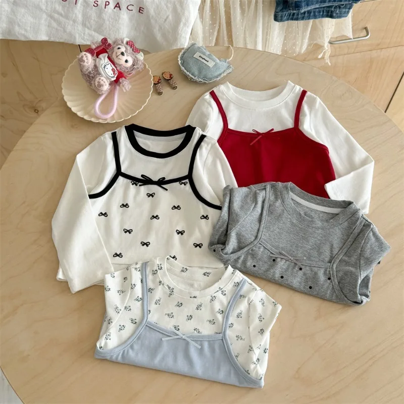 الفتيات قاعدة تي شيرت 2025 الخريف الطفل وهمية اثنين طويلة الأكمام تي شيرت البولكا نقطة النمط الغربي قمة لطيف اليومية عادية