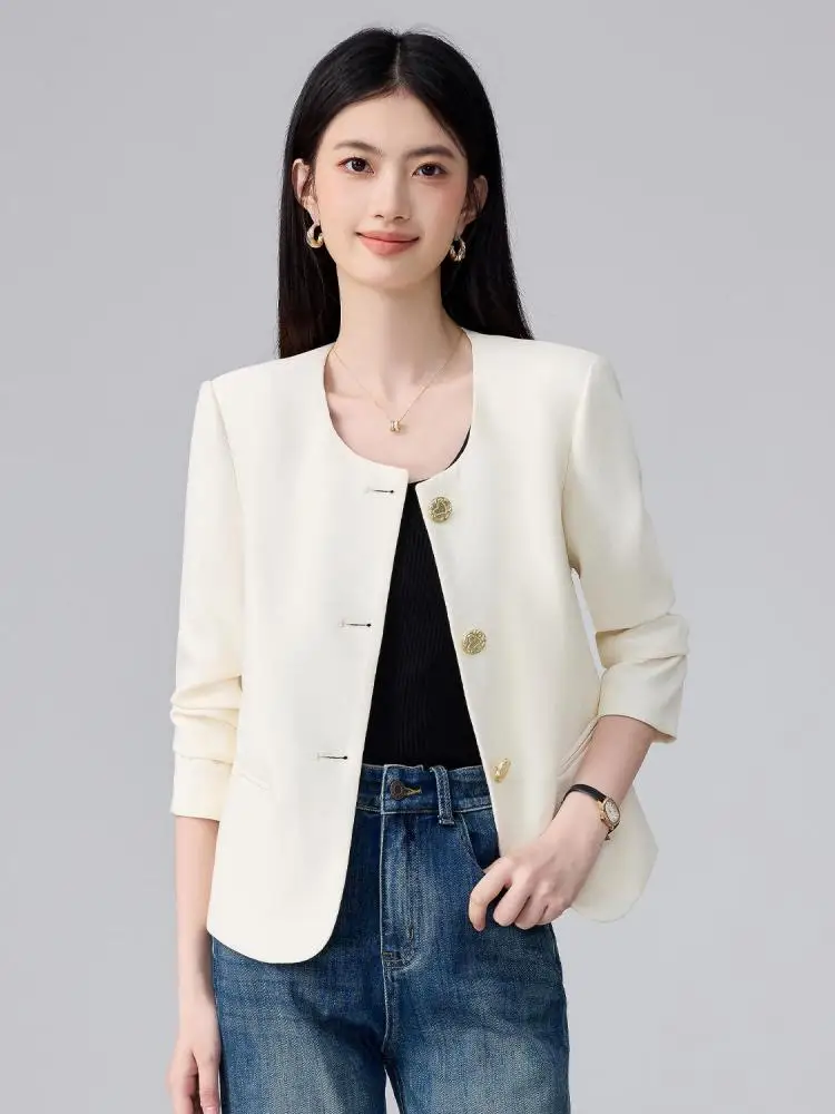 

Korean Women Solid Elegant Office Single Breasted Blazer Coat Autumn Winter Ladies Round Neck Long Sleeve Holiday Short Jackets