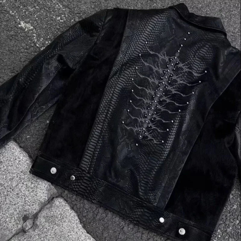 Men Black Snake Embossed Jacket Back Spine Embroidery Rivet Decor Coat Darkwear Gothic Streetwear Oversized Moto Outerwear view 6