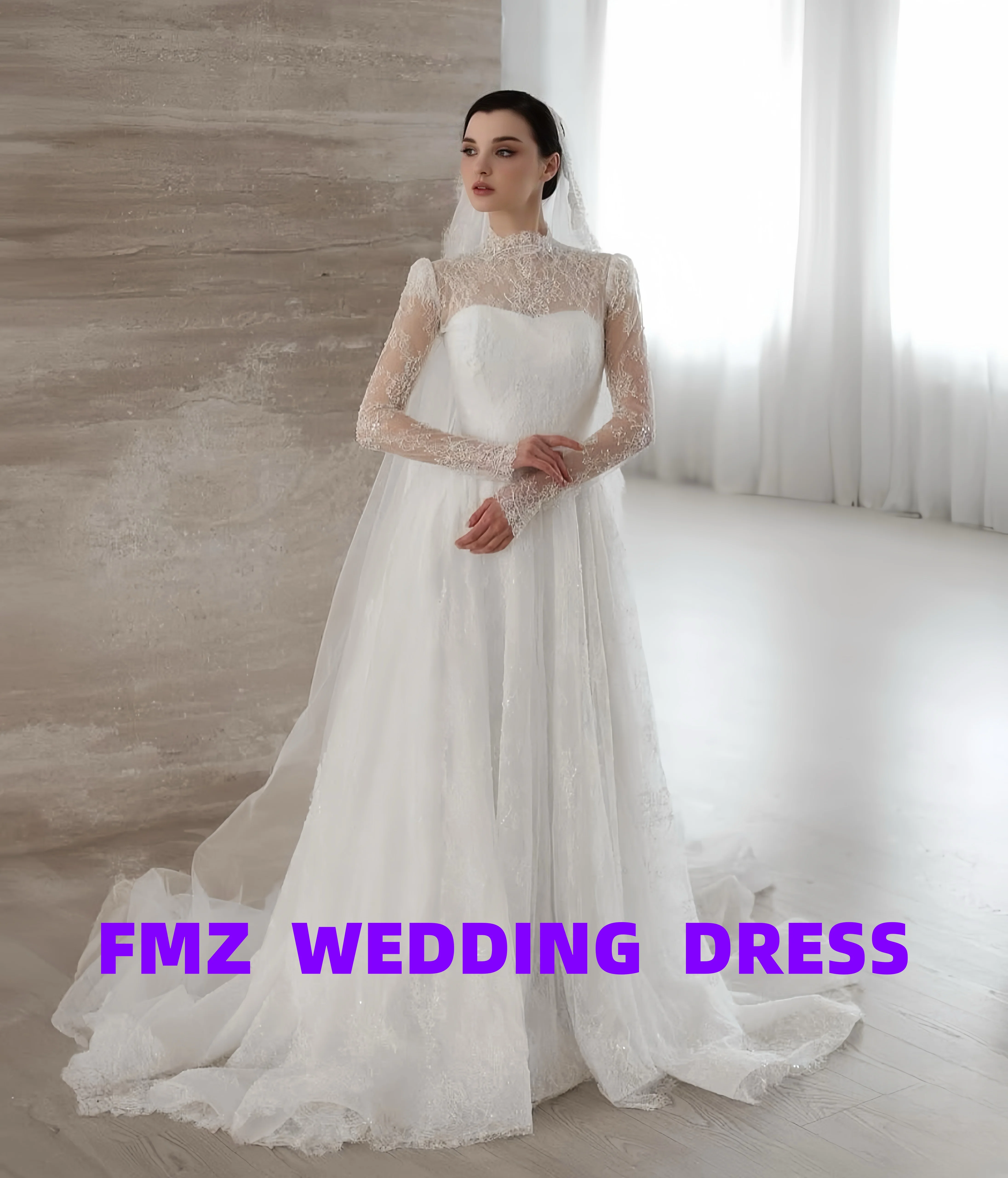 Personalizado cuello alto de manga larga A-LINE encaje elegante vestidos de novia vestido de novia vestidos para mujer bata de mariee