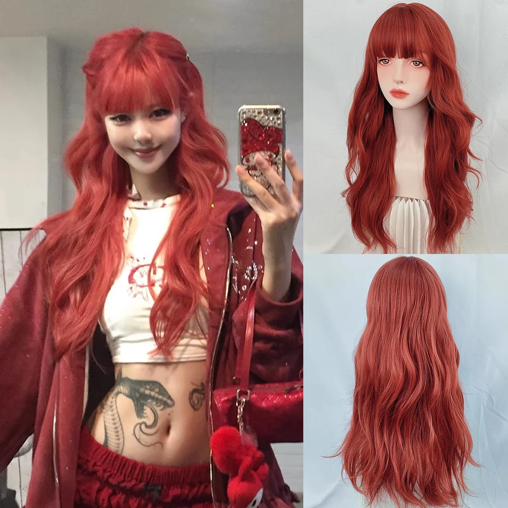 Long Wavy Orange Red Wig with Bangs Synthetic Fluffy Lolita Cosplay Women Heat Resistant Wig for Daily Party